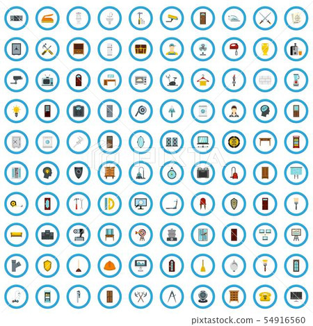 100 interior mastery icons set, flat style 54916560