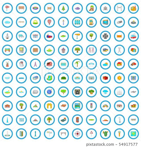 100 landscape element icons set, cartoon style 54917577