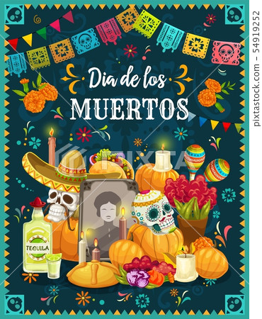 Sugar skulls on Mexican Day of the Dead altar Sugar skulls on Mexican Day of the Dead altar 54919252