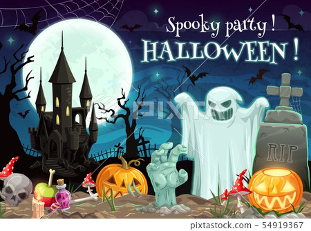 Spooky Halloween party on graveyard moon and ghost Spooky Halloween party on graveyard moon and ghost 54919367