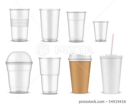 Plastic and paper cups, mugs of takeaway drinks Plastic and paper cups, mugs of takeaway drinks 54919416