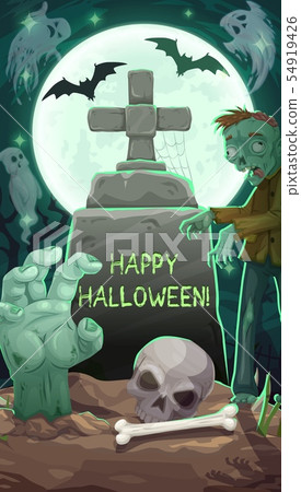 Cemetery at Halloween night, gravestone and zombie 54919426