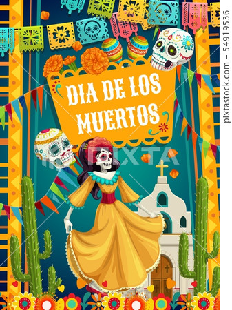 Day of Dead catrina calavera woman and paper flags Day of Dead catrina calavera woman and paper flags 54919536