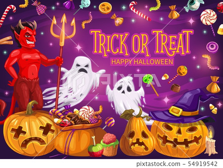 Halloween pumpkins with candies, ghosts and devil Halloween pumpkins with candies, ghosts and devil 54919542