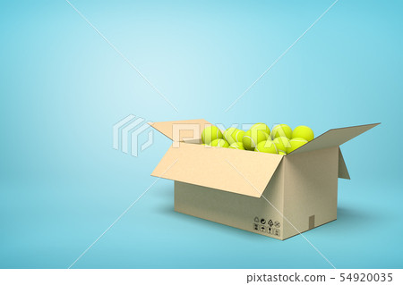 3d rendering of yellow tennis balls in carton box on blue background. 54920035