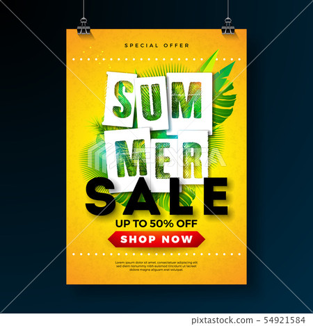 Summer Sale Poster Design Template with Tropical Palm Leaves and Typography Letter on Yellow 54921584