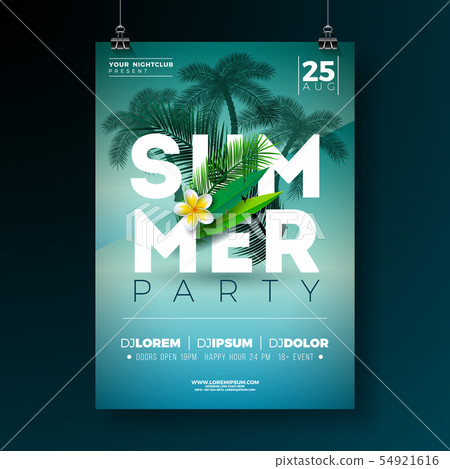 Vector Summer Party Flyer Design with Flower and Tropical Palm Trees on Blue Background. Summer 54921616