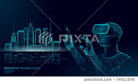 Low poly smart city intelligent building automation. VR helmet augmented reality visualize creation Low poly smart city intelligent building automation. VR helmet augmented reality visualize creation 54922856