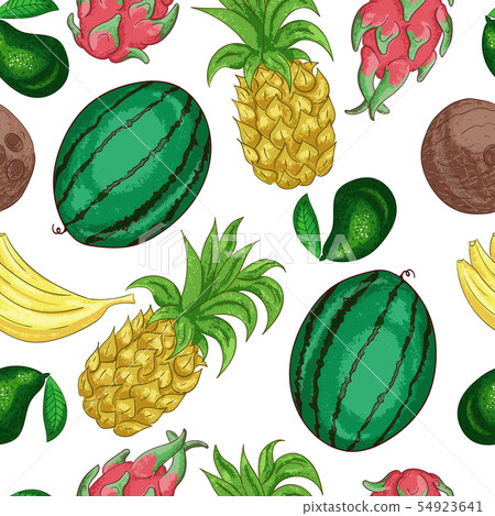 Tropical fruts seamless pattern. Sweet tropical fruit cut into pieces line art. Tropical fruts seamless pattern. Sweet tropical fruit cut into pieces line art. 54923641