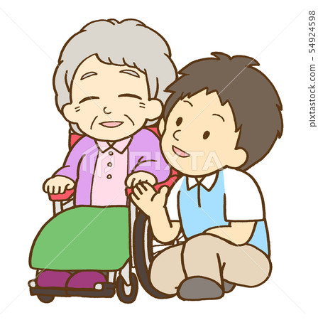 Male carer talking with elderly woman in... - Stock Illustration ...