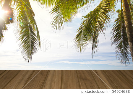 Wood top table on top View Beautiful beach view of 54924688