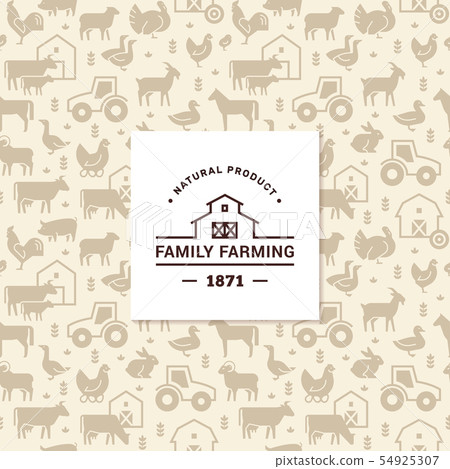 Seamless vector pattern of farm animals, buildings, equipment and other elements with logo 54925307