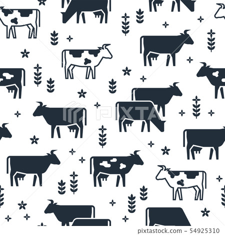 Seamless vector pattern of farm animals, buildings, equipment and other elements in black and white