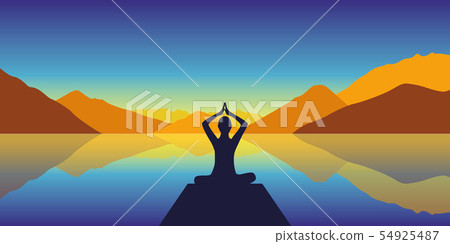 meditation silhouette by the lake with autumn mountains background meditation silhouette by the lake with autumn mountains background 54925487
