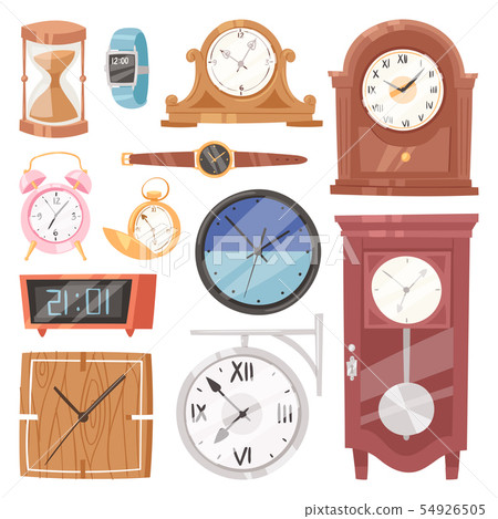 Clock watch with clockwork and clockface or wristwatches clocked in time with hour or minute arrows Clock watch with clockwork and clockface or wristwatches clocked in time with hour or minute arrows 54926505