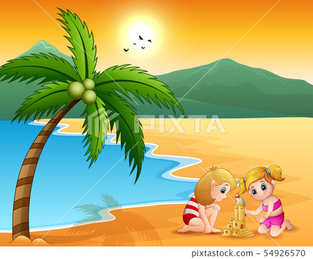 Happy girls are building a castle from the sand 54926570