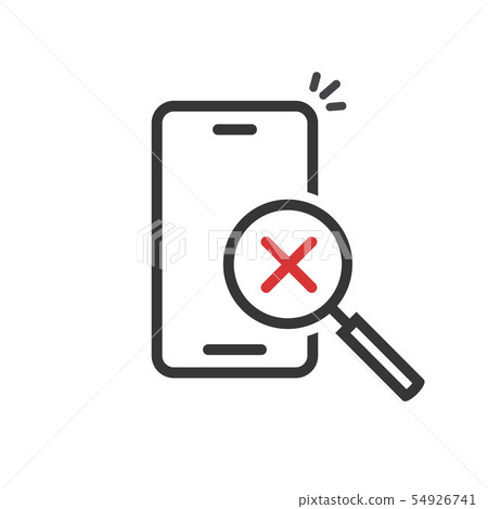 Cellphone or mobile phone inspection with magnifying glass and cross on screen vector icon, line Cellphone or mobile phone inspection with magnifying glass and cross on screen vector icon, line 54926741