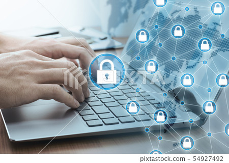 Computer network security. Blockchain technology. Up of male hand using laptop 54927492