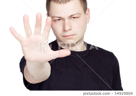 man shows the hands stop on white background 54929804