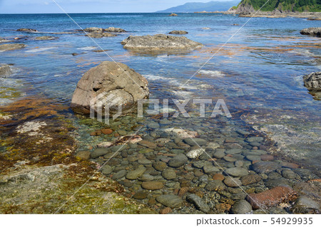 在北海道大成區的Nagare海灘拍攝藍色海洋和珊瑚礁的夏日風景 54929935