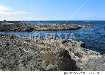 在北海道大成區的Nagare海灘拍攝藍色海洋和珊瑚礁的夏日風景 54929946
