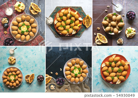 Collage of Arabic meat appetizer Kibbeh.  54930849