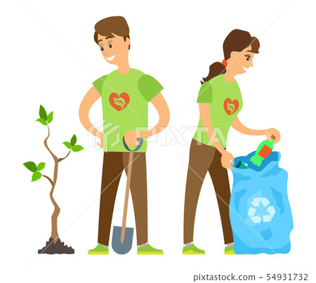 Volunteers Man and Woman, Trash and Tree Vector 54931732