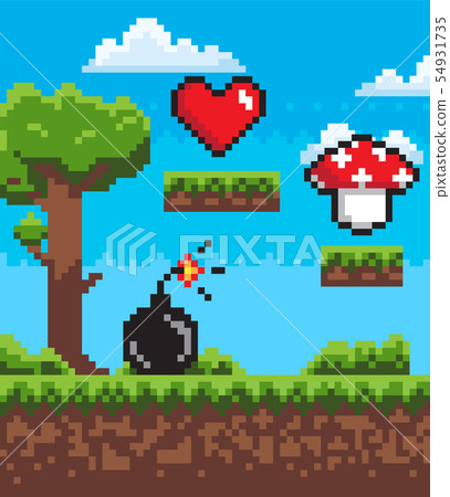 Bomb with Fire, Mushroom and Heart Pixel Game Bomb with Fire, Mushroom and Heart Pixel Game 54931735