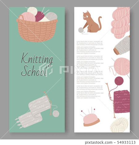 Knitting school and arts and crafts vector set of banners. Wool balls, knitted goods and knitting 54933113