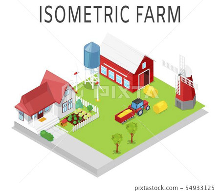 Farm vector isometric illustration. Rural farming with tractor, house, barn, windmill and warehouse Farm vector isometric illustration. Rural farming with tractor, house, barn, windmill and warehouse 54933125