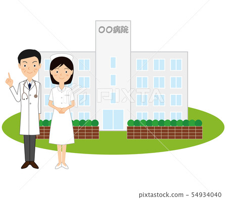 站立在醫院前面的醫生和護士 站立在醫院前面的醫生和護士 54934040