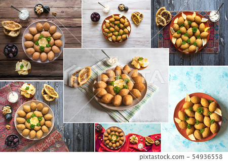 Collage of Arabic meat appetizer Kibbeh.  54936558