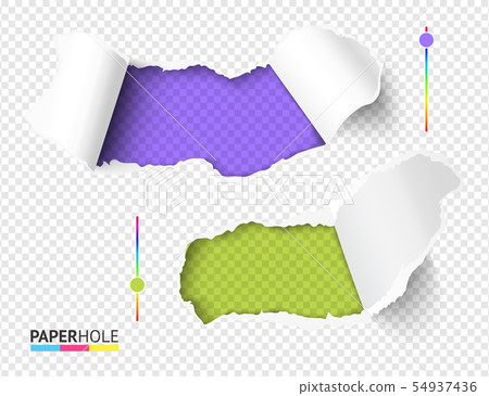 Set of vector bright green and violet hole in torn paper on transparent background. Cardboard hole Set of vector bright green and violet hole in torn paper on transparent background. Cardboard hole 54937436
