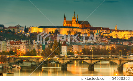 Prague Castle in lights, panoramic view from Vysehrad, Czech Republic 54938203