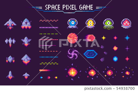 Space Pixel Game Spaceship and Plants Mosaic Set 54938700