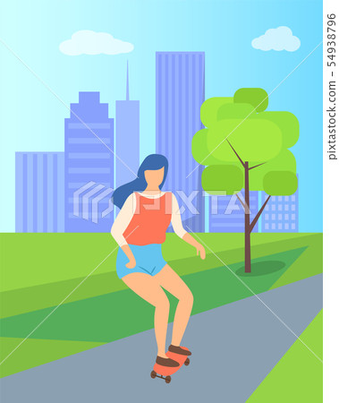 Woman Character Skateboarding in City Park Vector 54938796