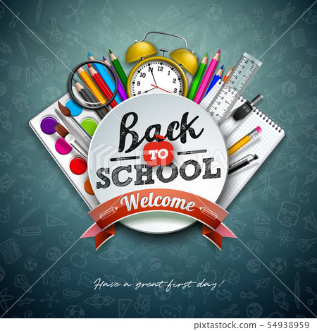 Back to school design with colorful pencil, scissors, ruler and typography letter on chalkboard 54938959