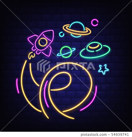 Neon space icons set, rocket, ufo, Saturn and star Neon space icons set, rocket, ufo, Saturn and star 54939741