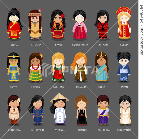 Cartoon girls in different national costumes. 54940564