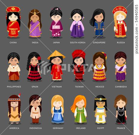 Cartoon girls in different national costumes. 54940565