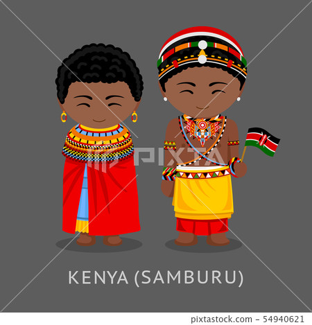 Kenyans in national clothes with a flag.  54940621