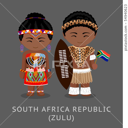Zulu tribe. Zulus in national clothes with a flag. Zulu tribe. Zulus in national clothes with a flag. 54940623