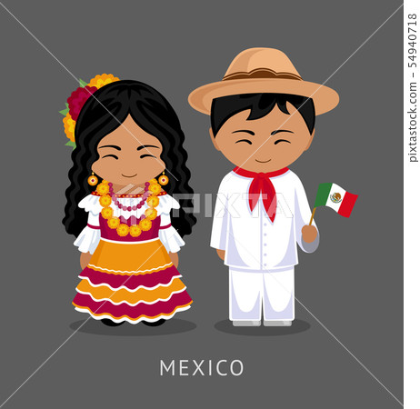 Mexicans in national dress with a flag.  54940718