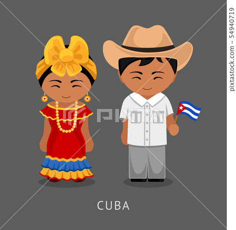 Cubans in national dress with a flag.  54940719