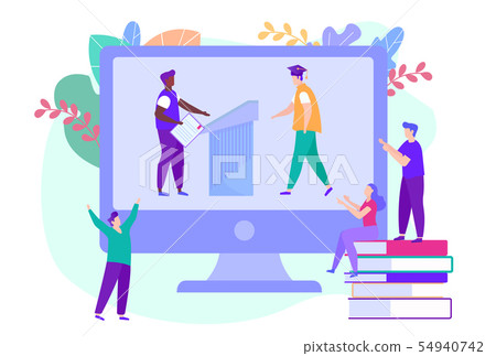 Graduation Online. People Look at Monitor. Vector. Graduation Online. People Look at Monitor. Vector. 54940742