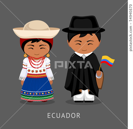 Ecuadorians in national dress with a flag. Ecuadorians in national dress with a flag. 54940870