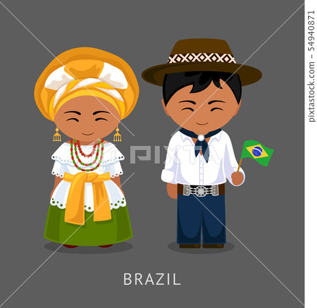 Brazilians in national dress with a flag. 54940871