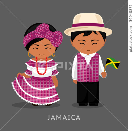 Jamaicans in national dress with a flag. Jamaicans in national dress with a flag. 54940875
