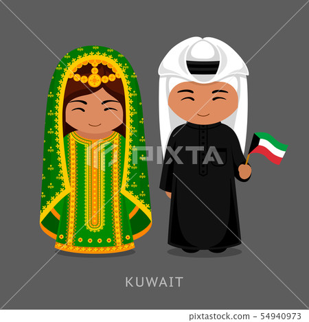 Kuwaitis in national dress with a flag. 54940973