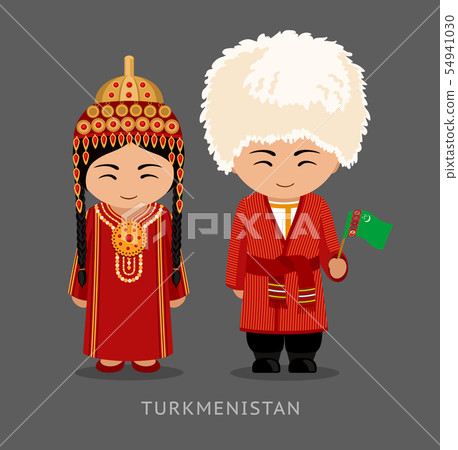 Turkmens in national dress with a flag. Turkmens in national dress with a flag. 54941030
